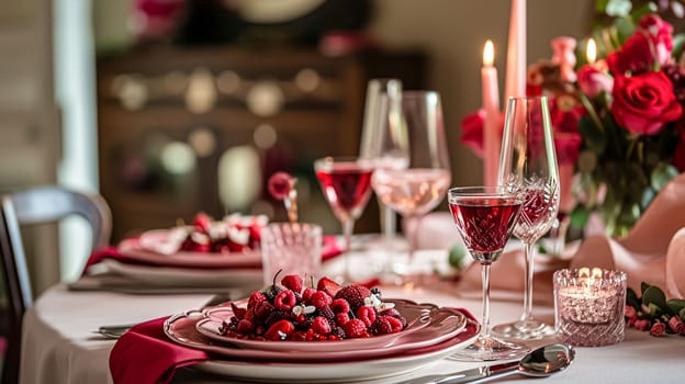 Festive table setting with candles and arrangement of beautiful red flowers. Holiday concept. High quality photo