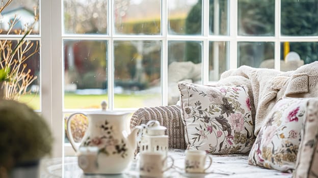 Colorful pillows on sofa against glass wall of window in a winter garden or conservatory. Interior textile concept. High quality photo