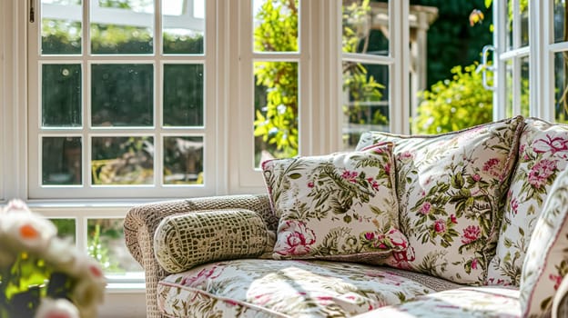 Colorful pillows on sofa against glass wall of window in a winter garden or conservatory. Interior textile concept. High quality photo