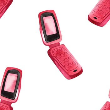 Pink glamorous women's flip phone. Noughties rom-com aesthetics. Watercolor seamless pattern for wrapping paper or textile