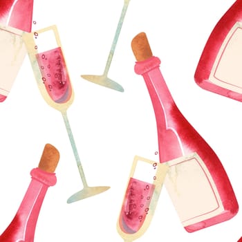 Pink glamorous alcohol, flying bottle and glass of pink champagne with bubbles. Aesthetics of rom-coms of the noughties. Watercolor seamless pattern for wrapping paper or textiles for a bachelorette party or Valentine's Day