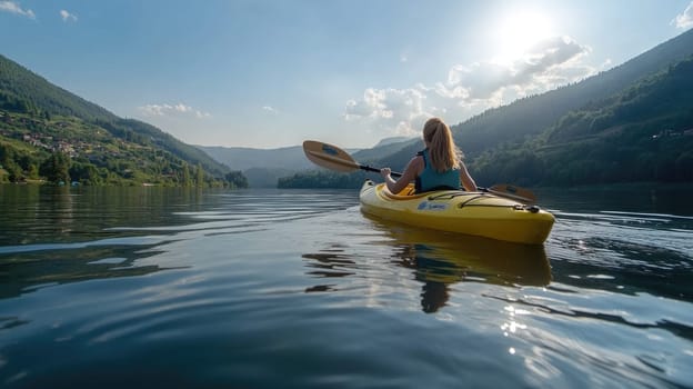 Kayak through pristine scenery: breathtaking view, adventurous spirit, untouched environment, scenic wonder, vibrant ecosystem, tranquil passage, natural tranquility, paddle excursion