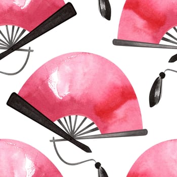 Pink Japanese fan with black tassel. Watercolor seamless pattern for wrapping paper or textile