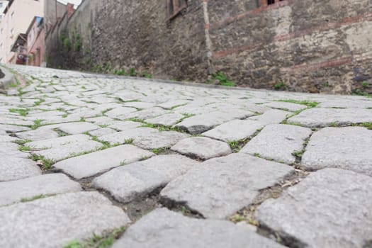 This image shows a closeup of a textured cobblestone street with an intricate pattern