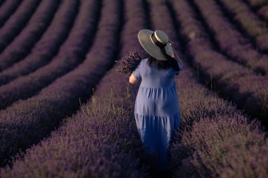 Here's a caption fitting your specifications: Woman in blue dress and wide-brimmed hat walks through a vast lavender field, carrying a bundle of lavender. Rows of purple flowers stretch to the horizon.