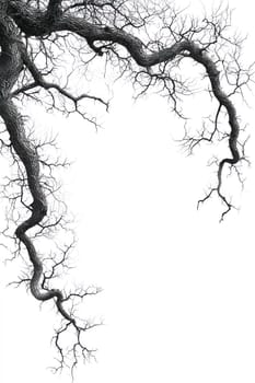 A detailed black and white depiction of intricate tree branches, showcasing organic lines and textures, creating striking contrast against blank