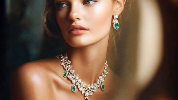 Glamorous woman adorned with emerald and diamond jewellery, emeralds and diamonds gems, exuding elegance and luxury idea