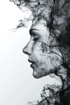 A captivating silhouette of woman profile, formed by swirling black smoke, creating ethereal and artistic effect