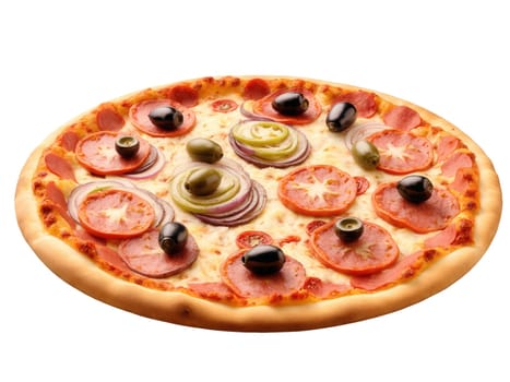Pizza supreme Crispy crust topped with pepperoni, sausage, peppers, onions, olives, transparent bg, rich colors.