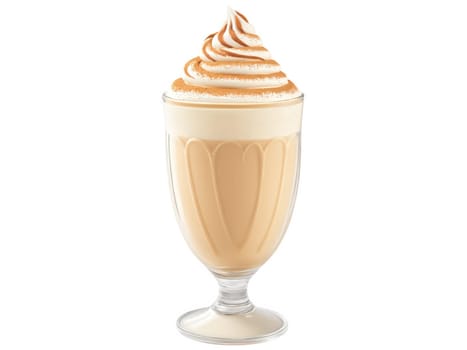 Eggnog, nutmeg dust cloud, cinnamon stick swirl, cream spiral, golden lighting, product shot, transparent background..