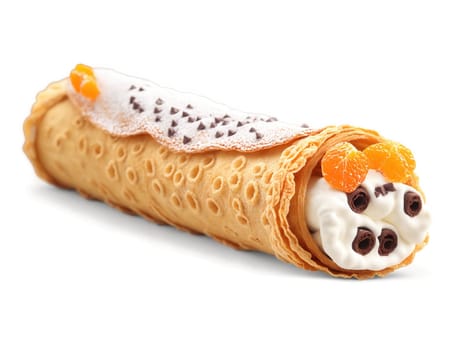 Cannoli, crispy fried pastry tube filled with sweet ricotta cream, studded with chocolate chips, garnished with candied orange peel, Sicilian..