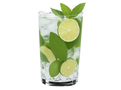 Mojito, refreshing rum cocktail with lime wedges, mint sprigs, and crushed ice in a highball glass, transparent background..