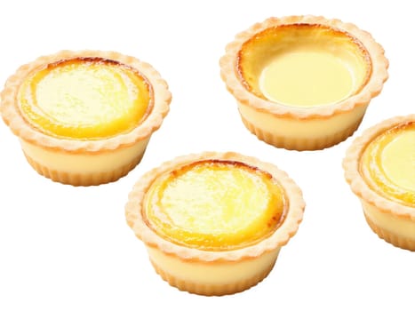Pastel de Nata, Portuguese egg custard tart, close-up of flaky crust and creamy filling, floating and stacked..
