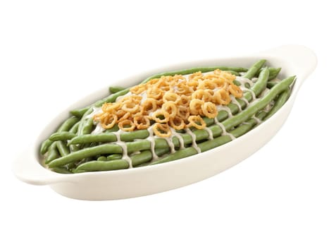 Green Bean Casserole, creamy sauce, crispy fried onions, vibrant greens, isolated on transparent, attractive product shot..