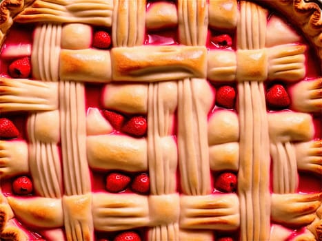 Strawberry Rhubarb Pie, pink and green filling, woven pastry top, glistening fruit, tangy aroma, geometric patterns, summer treat.
