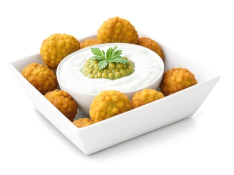Falafel Israel Crispy golden chickpea fritters next to bright green herb chutney, white yogurt sauce drizzled over in ceramic bowl,..