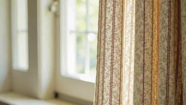 A bright window with curtains reveals a tranquil view. It embodies a serene and cozy home environment.