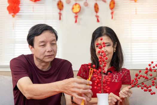 An elderly couple joyfully prepares for the Chinese New Year showcasing traditions and love in their cozy home.