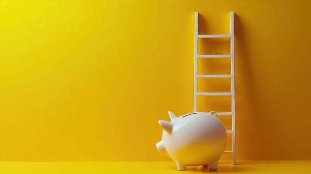 A white piggy bank and a ladder against a bright yellow backdrop represent financial planning, savings, and growth opportunities. Ideal for concepts related to finance, investment, and future planning