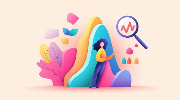 A vibrant illustration featuring a woman analyzing data with a magnifying glass. The scene includes abstract shapes and colorful elements, symbolizing creativity and data analysis