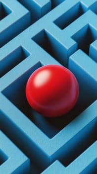 A vibrant red sphere sits in the center of a blue maze, representing the concept of overcoming challenges and strategic thinking. The contrasting colors highlight the sphere's significance within the labyrinth