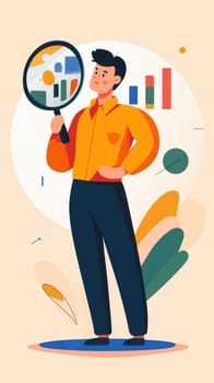 Illustration of a young Asian man holding a magnifying glass, examining data with colorful charts and graphs in the background. Represents data analysis, business insights, and research