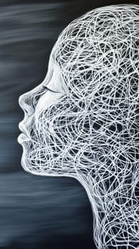 A creative abstract illustration showcasing a human profile made of complex white line patterns against a dark backdrop. The artwork emphasizes the intricacy and fluidity of human thought and identity
