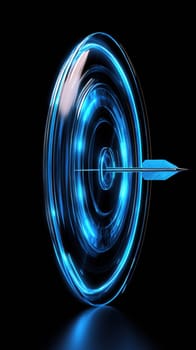 A futuristic target glows with blue neon lights against a black background, symbolizing precision and success. An arrow is perfectly centered, representing achievement and focus