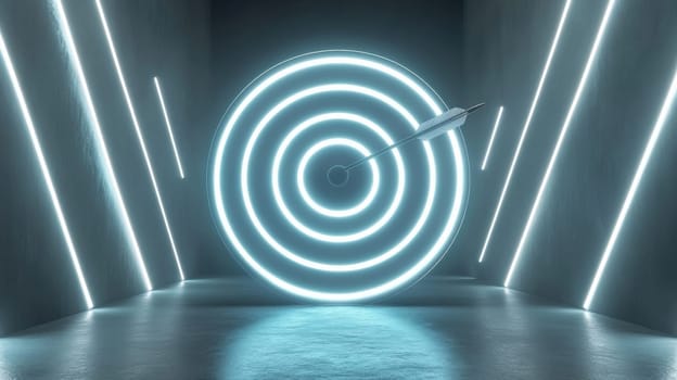 A glowing target with concentric neon rings and a dart in a futuristic setting symbolizes precision and accuracy. The modern design and lighting create a high-tech, focused atmosphere