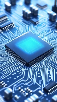 Close-up of a silicon microchip on a blue circuit board, showcasing the complexity and precision of modern technology. Ideal for illustrating concepts in electronics, computing, and innovation