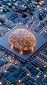 A glowing brain-shaped circuit on a microchip represents the concept of artificial intelligence and advanced technology. The intricate design highlights innovation in digital and electronic fields