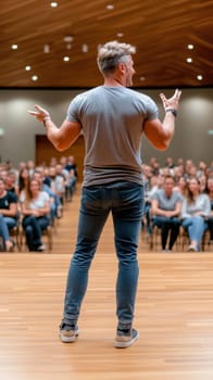 A Caucasian man in casual clothing engages a diverse audience in a modern auditorium. The setting suggests a seminar or conference, with attendees seated attentively, highlighting communication and public speaking