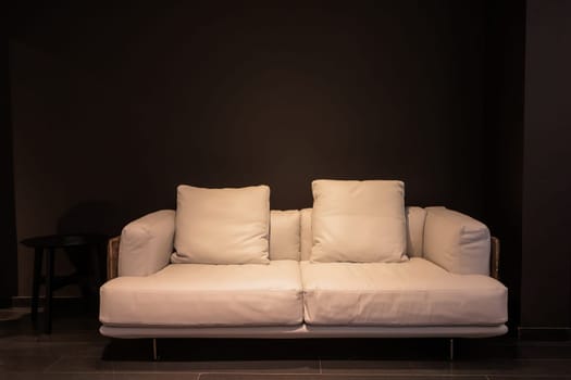 Designed white sofa with two cushions is set against a stark black background, complemented by a small black side table.
