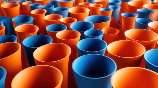 A dynamic display of orange and blue plastic cups forms an eye-catching abstract pattern. The vivid colors and repetitive arrangement make it ideal for backgrounds, design projects, or creative concepts