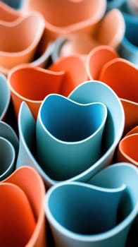 A close-up of intricately folded paper in vibrant orange and blue hues, forming an abstract pattern. The image highlights the texture and curves, offering a modern and artistic visual appeal