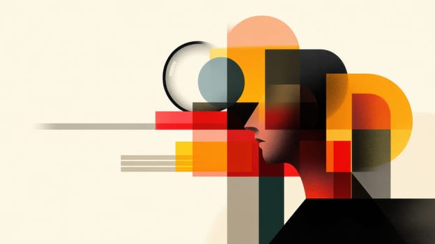 This abstract artwork showcases a stylized human profile using geometric shapes and vibrant colors. Overlapping circles, rectangles, and lines create a modern, dynamic composition, perfect for contemporary design projects