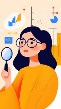 Illustration of an Asian woman holding a magnifying glass, examining data. She is surrounded by various charts and graphs, symbolizing data analysis and research in a modern, abstract style