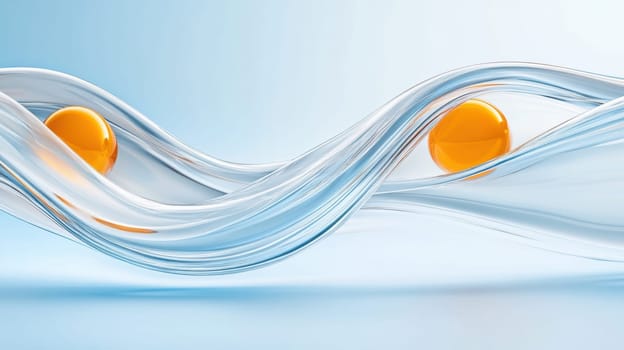 A modern abstract design featuring two vibrant orange spheres enveloped by smooth, transparent waves. The dynamic movement and contrasting colors create a sense of fluidity and innovation