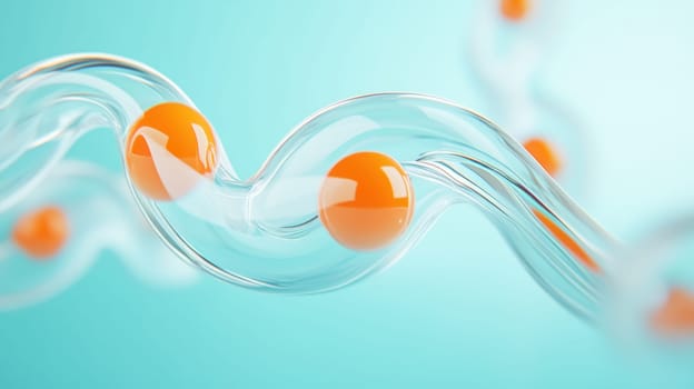A modern abstract composition featuring vibrant orange spheres within clear, flowing tubes. The dynamic shapes and contrasting colors create a sense of movement and innovation, ideal for creative projects