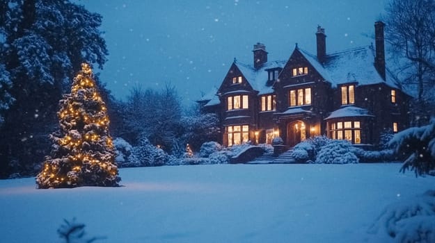 Country manor decorated for Christmas, Merry Christmas holiday idea