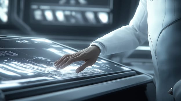 A close-up of a hand engaging with a high-tech digital interface, showcasing advanced technology and innovation. The scene suggests a modern, sleek environment focused on digital interaction