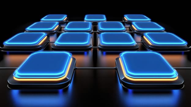Futuristic neon squares emit blue and orange light, creating a striking grid pattern on a dark background. Ideal for technology, innovation, and digital design concepts