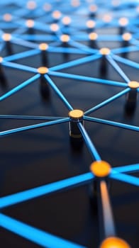Abstract representation of a digital network with blue lines and orange nodes. The image symbolizes connectivity, technology, and communication, ideal for tech-related projects
