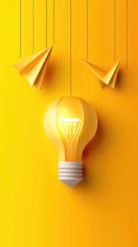 A glowing light bulb is surrounded by paper planes on a bright yellow background, representing ideas, creativity, and innovation. The composition is ideal for concepts related to brainstorming and inspiration