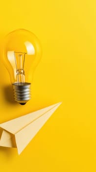 A glowing light bulb and a paper airplane on a bright yellow background represent ideas, creativity, and innovation. The composition is ideal for concepts related to brainstorming, inspiration, and new beginnings