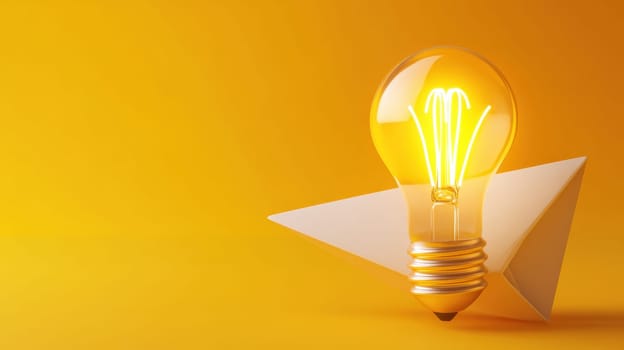 A glowing light bulb symbolizes creativity and innovation against a bright yellow backdrop. The paper airplane adds a playful element, suggesting ideas taking flight and new beginnings
