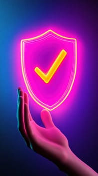 A glowing neon shield with a checkmark floats above an outstretched hand, representing protection, security, and assurance. The vibrant colors create a futuristic and digital atmosphere
