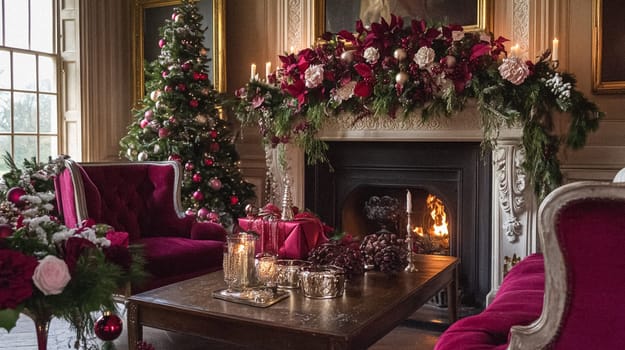 Country manor decorated for Christmas, Merry Christmas holiday idea
