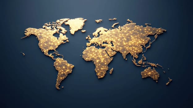 A digital representation of a world map with illuminated network lines, highlighting global connectivity and communication. The glowing lines create a sense of interconnectedness across continents