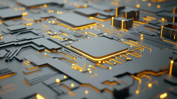 A close-up view of a microchip circuit board with illuminated pathways, symbolizing advanced technology, data processing, and connectivity. Ideal for concepts related to computing and electronics